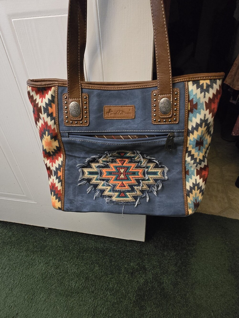 Montana West Blue Denim Aztec Tote with Brown Trim and Multicolor Pattern